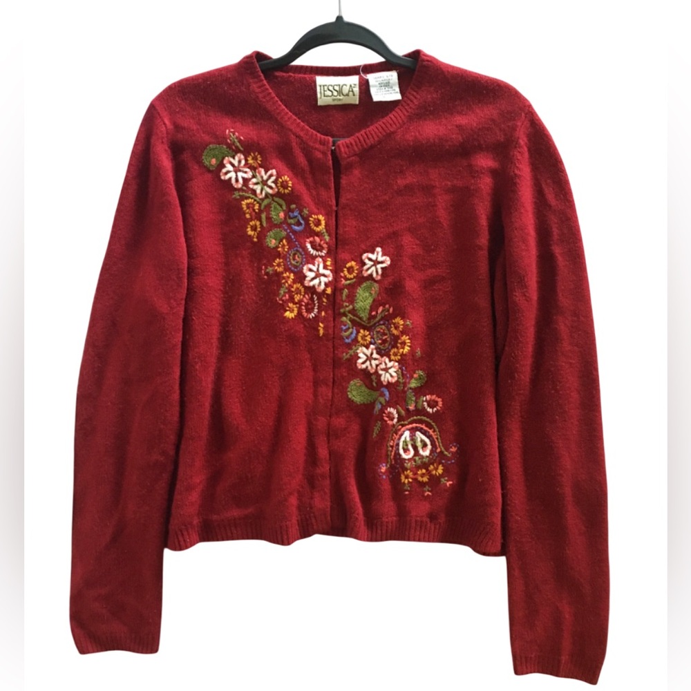 Vintage Floral Embroidered Cardigan Sweater Red Cottagecore Knit Womens 90s L